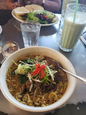 We had the miso Ramen and portobello 🥪 and a bowl of asparagus soup at Freesoulcaffe in Tustin