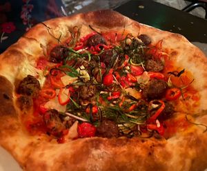 Pizza with vegan sausage   at Freesoulcaffe in Tustin