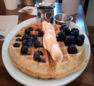 Classical Waffle topped with Fresh Fruit, Pure Vegan Maple Syrup and Vegan Butter by JennShaggy at Freesoulcaffe in Tustin