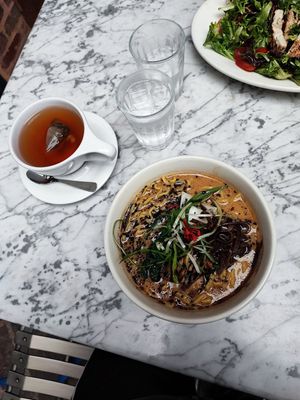 Mushroom ramen noodles and jasmine tea at Freesoulcaffe in Tustin