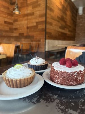 Key Lime Pie. mocha Cream Pie. Velvet Berry Cake 💜  at Freesoulcaffe in Tustin