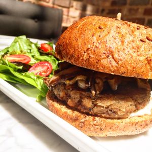Mushroom truffle burger at Freesoulcaffe in Tustin