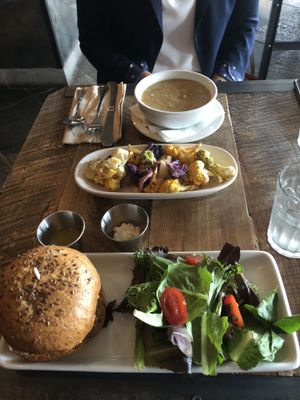 Carrot soup, Cauliflower app, and Truffle burger at Freesoulcaffe in Tustin