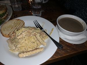 Fettuccini with vegan chickin (plus the soup of the day, which was a mushroom soup) at Freesoulcaffe in Tustin