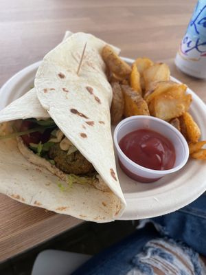 Falafel wrap and fries  at Café MAM in Carolina