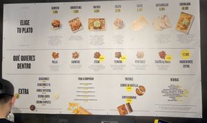 The menu. Hope it’s visible. Basically Heura (vegan chicken) or vegetables as a filling. Also guacamole with nachos and others at González & Co in Barcelona