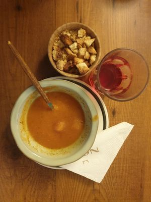 Tomato soup, croutons and Rose water. Yummy at Noja in Prizren