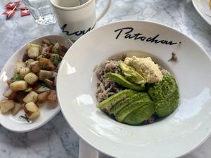 Vegan Cuban breakfast and breakfast potatoes. The potatoes are usually cooked in butter but the staff treated our needs like an allergy and cooked them separately in olive oil ☺ at Cafe Patachou - Hazel Dell in Carmel