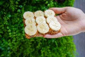 Our gluten-free PB & B Toast from our All Day Breakfast menu! at SoBe Vegan in Miami Beach