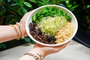 Our gluten-free and soy-free Mushroom Bowl! at SoBe Vegan in Miami Beach