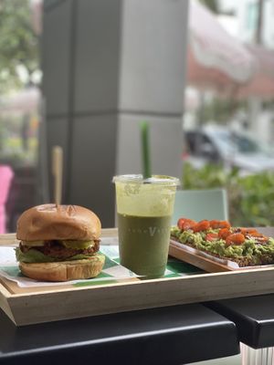 Vegan chick’n sandwhich.  Go green smoothie. Avocado toast. at SoBe Vegan in Miami Beach