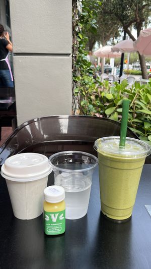 Green smoothie, ginger shot, americano at SoBe Vegan in Miami Beach