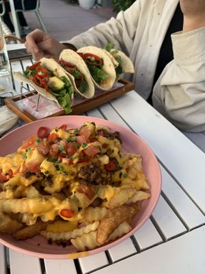 Loaded fries and avocado tacos   at SoBe Vegan in Miami Beach