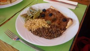 Pissaladière (onion pie) and hot vegetables and cereal at Le Tournesol Cuisine Vegetarienne in Albi