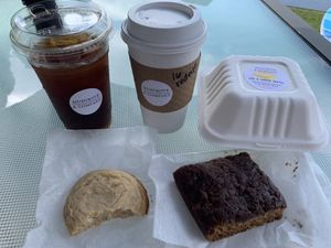 Hot & Iced  coffee, JustEgg & Cheez vegan muffin, Vegan cinnamon cake, lemon lavender cookie  at Musgrove & Company in Jackson
