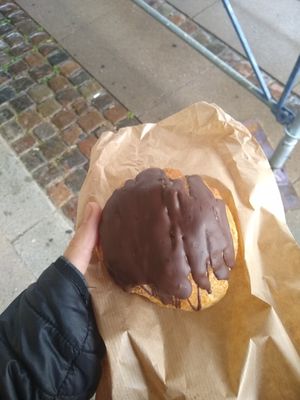 Pastry with chocolate on top and sweet filling at Landbageriet - Naturbageriet in Copenhagen