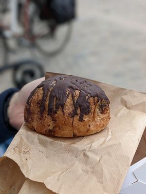 Chocolate bun with custard cream inside at Landbageriet - Naturbageriet in Copenhagen