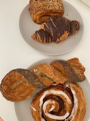 cinnamon roll, frosnapper, chocolate croissant and pastry at Landbageriet - Naturbageriet in Copenhagen