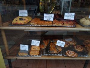 Vegan goods in window at Landbageriet - Naturbageriet in Copenhagen