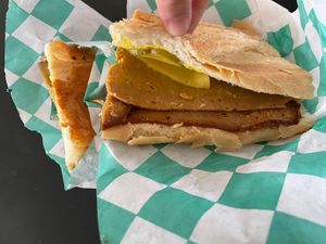 Vegan Cuban sub- seitan,pickles, vegan cheese, mustard at Sarasota Vegan Deli in Sarasota