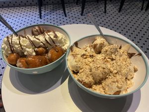 Banoffee pie and Bueno Vegan loukoumades (taste like mini donuts)   at Keenkies in Athens