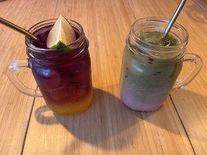 passionfruit lemonade and strawberry matcha (2024)  at Tipsy in Aarhus