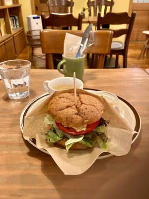 Hummus hamburger. Buns are not my favorite🙄  at Modernark in Kobe