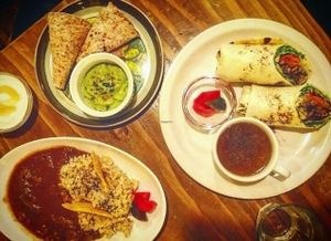 vegan curry, vegan burritos and guacamole with tortillas  at Modernark in Kobe