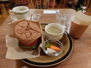 Vegan burger with soup and veges at Modernark in Kobe