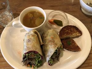 Salad wrap plus protein patty at Modernark in Kobe