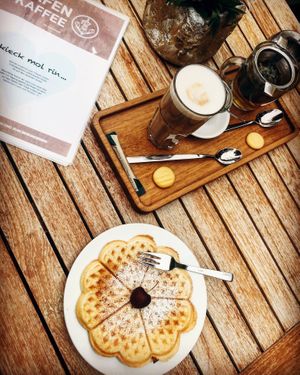 Vegan Wafffle with coffee and oatmilk  at Hafen Kaffee in Husum