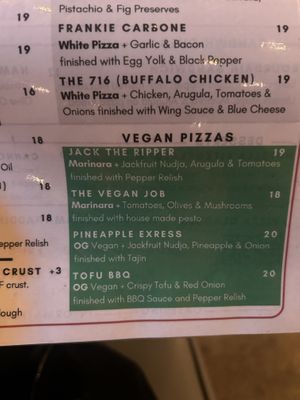 Vegan menu as of 9/24/25  at Pizzeria Magaddino in Fort Lauderdale