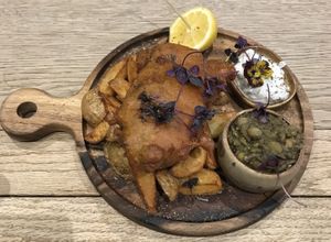 Fri 07.04.23 Fysh and Chips. The minted peas were delicious 😋 the fysh huge. We had to take dessert home😄  at Figaro in Wingerworth