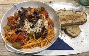 Fri 07.04.23 Pasta and garlic bread. I had to take half of this home with me. Really nice with lots of different veg. So full 😆  at Figaro in Wingerworth