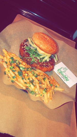 The “Seoul“ Burger w/ French Fries & Kimchi Sauce at ChubbyVegan in Houston