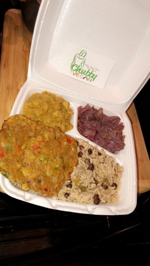 Vegan Salt Fis’h Fritters, Rice & Peas, & Purple Cabbage  at ChubbyVegan in Houston