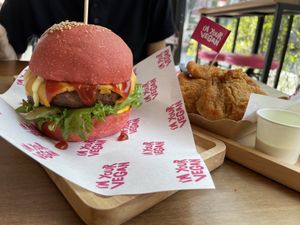 Classic burger and KFV fried mushrooms   at I'm Your Vegan in Chiang Mai