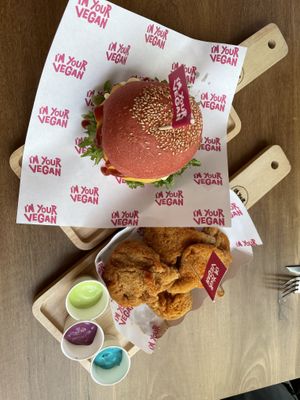 Classic burger and KFV fried mushrooms  at I'm Your Vegan in Chiang Mai