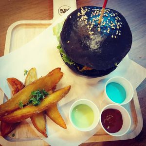 Tonkatsu hanbaga and wedges at I'm Your Vegan in Chiang Mai