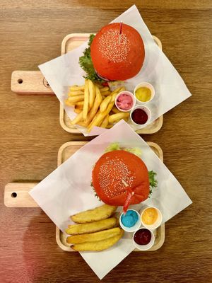 The Classic - S.S.B.D. (210 THB), Fries + 2 dips (40 THB), Wedges + 2 dips (40 THB)  at I'm Your Vegan in Chiang Mai