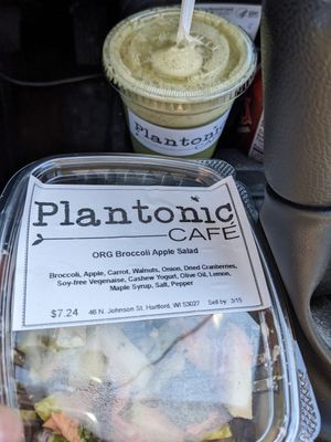 Salad ingredients. Matcha latte in the background. at Plantonic Cafe in Hartford