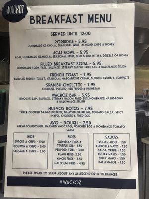 Menu  at Wackoz  in Downpatrick