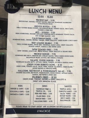 Menu  at Wackoz  in Downpatrick