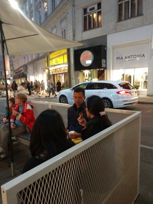 Sits outside at Veganista Ice Cream XII in Vienna