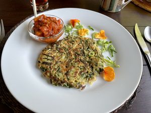 Courgette pancakes with tomato relish  at The Seedling Vegan Kitchen at Old Joe's Kaia in Nelspruit