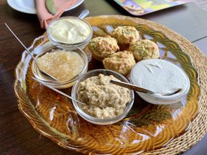 Courgette muffins with (from left): coconut butter, shushujam, hummus, cashew cream  at The Seedling Vegan Kitchen at Old Joe's Kaia in Nelspruit