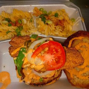 Vegan fish sandwich and Vegan mac  at Kales Kitchen  in Houston
