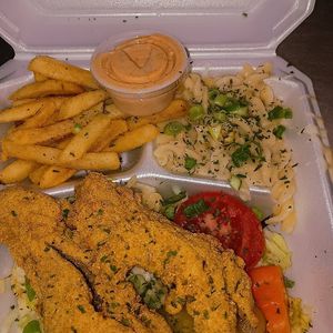 Vegan fish dinner  at Kales Kitchen  in Houston