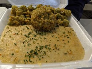 Grits, Krab cakes, fried okra at Kales Kitchen  in Houston