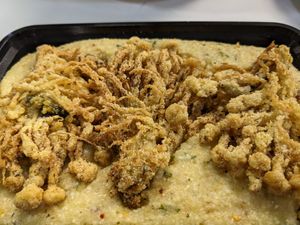 Oyster mushrooms fysh & grits at Kales Kitchen  in Houston
